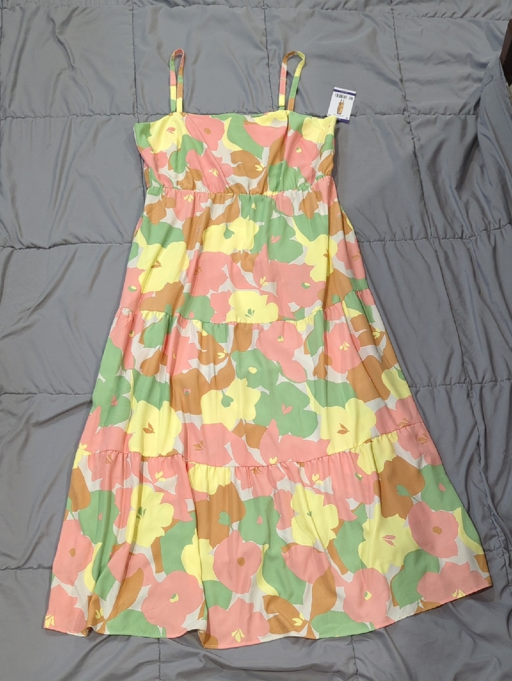 Sleeveless Floral Tiered Maxi Dress in Pastel Yellow, Pink & Green
